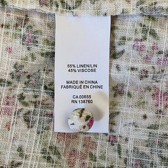 Linen Blend Pink Floral Print Tank Top Blouse with Lace Crochet, Button Keyhole - Picture 13 of 14